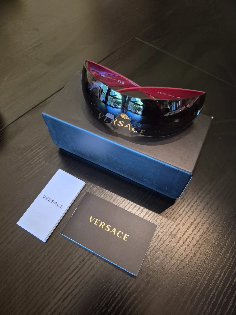 Versace Black Shield Sunglasses with Red Inner Trim - Picture 2 of 7